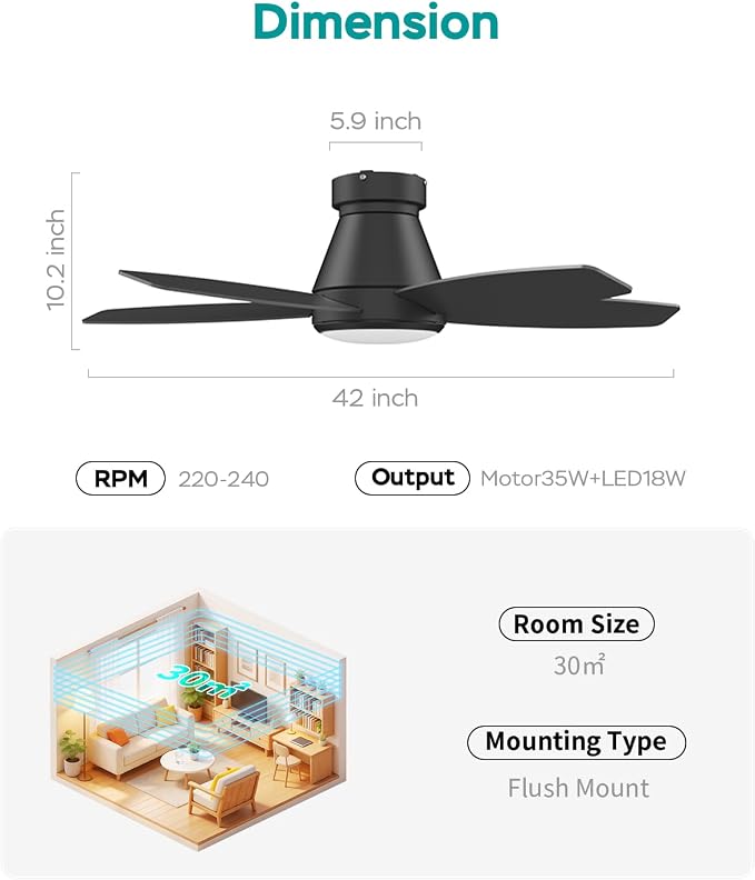 42 Inch Ceiling Fans with Lights, Quiet Reversible Fan with DC Motor, Remote & APP Control, 6-Speed, 3 Color Temperatures, Dimmable, Ceiling Fan for Bedroom Living Room,Black