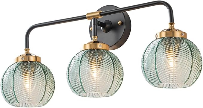 3-Light Bathroom Vanity Light Black Wall Mount Light with Green Glass Shade, Mid Century Wall Sconce Lights Modern Vanity Lamp for Over Mirror Bedroom Hallway