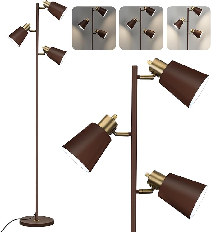 LALISU Tree Floor Lamp for Living Room, Industrial 3-Light Standing Lamp with 3 LED Bulbs, Adjustable Rotation Heads, Standing Tall Pole Lamp Farmhouse Rustic Reading Lamps for Bedroom Office (Brown)