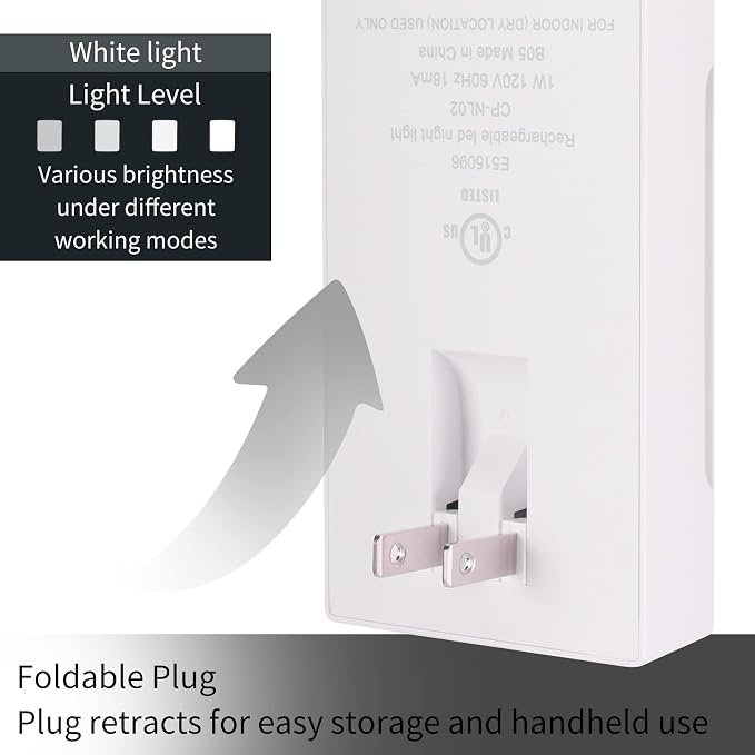 4-in-1 LED Night Light Emergency Backup Light, Motion Sensor, Dusk-to-Dawn Sensor, Rechargeable Battery Operated 5000K Daylight White, LED Flash Light for Home, Power Failure, Hurricane, 2Pack