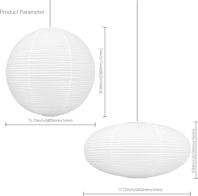 2 PCS Chinese Paper Lanterns White Lampshade, 16inch Large Round and 18inch Oblate Pendant Lamp Shade, Rice Paper Lampshade Ceiling Foldable Light Shade for Interior Home Decoration