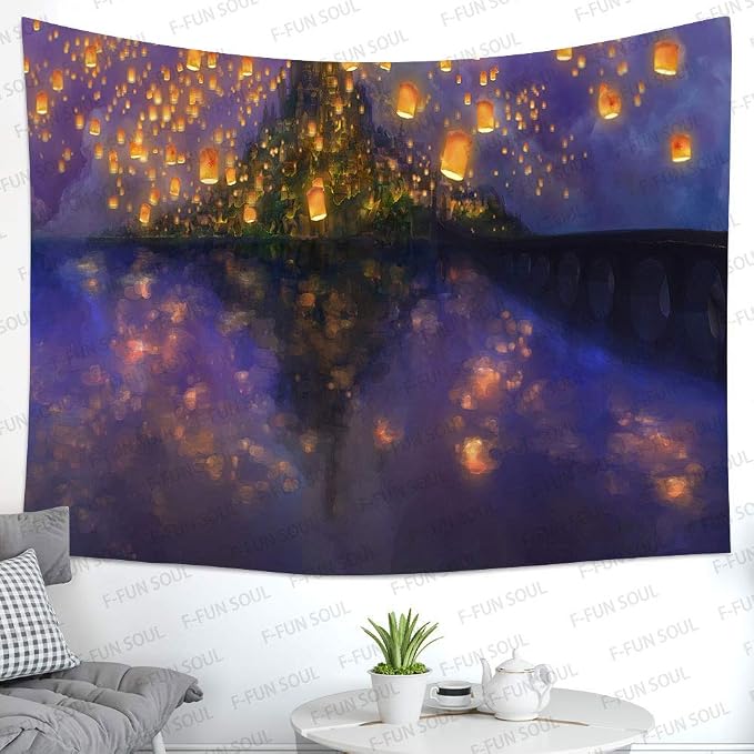 Night Castle Tapestry Cartoon Tapestries, Large Tapestry, 80x60inches | Lantern Fuzzy Wall Hanging Tapestries, Psychedelic Tapestry, Soft Flannel, Bedroom, Living Room, Office, Decor Banner