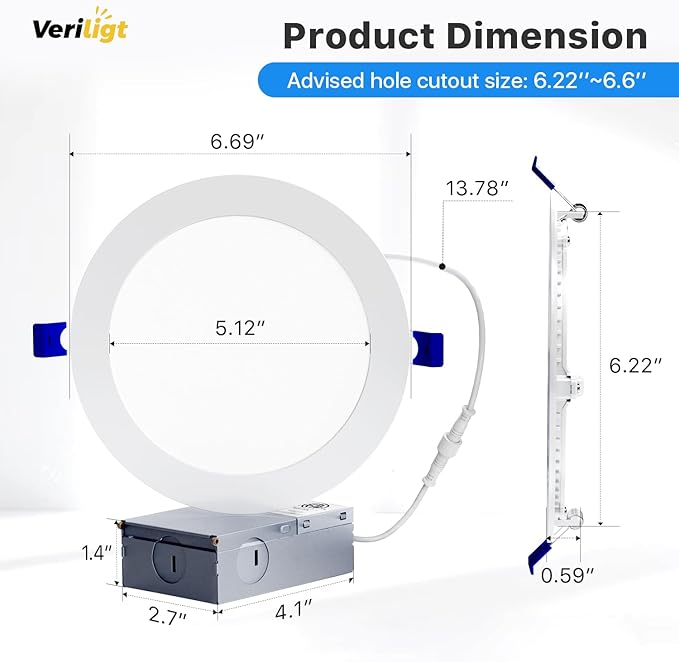 12 Pack 6 Inch 5CCT LED Recessed Light, Silm Canless Recessed Lighting, Dimmable, Damp Rated, 2700K-5000K Selectable, Wafer Ceiling Downlight with Junction Box, 1200LM, 12W 120V, ETL&FCC