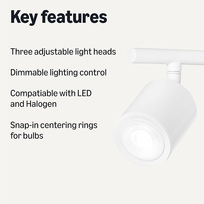 Amazon Basics 3-Light Track Lighting Kit, Dimmable, GU10 MR16 LED Bulbs Included, 500 Lumens, Soft White, Adjustable Heads, 19.9L x 5.1W x 6.65H in, White