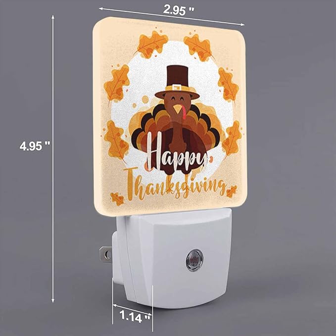 LED Night Light Plug into Wall with Dusk to Dawn Light Sensor White Energy Efficient Happy Thanksgiving Turkey Leaves Nightlight for Bedroom Bathroom Hallway Living Room Kitchen