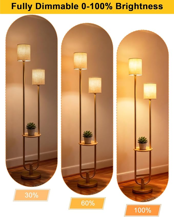 Lightdot 63Inch Floor Lamp Dimmable Gold Floor Lamp with 5Lbs Heavy Base for Living Room 2-Light Mid Century Modern Tall Standing Lamp with Table for Bedroom/Sofa Beside/Corner Decor(Bulbs Included)