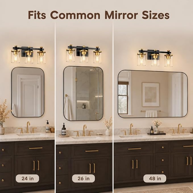 Bathroom Light Fixture, Bathroom Vanity Light Over Mirror, 3-Lights | Vanity Lights for Bathroom, Modern Lighting Fixtures with Clear Glass Shade, Black and Gold Vanity Lights, ETL Listed