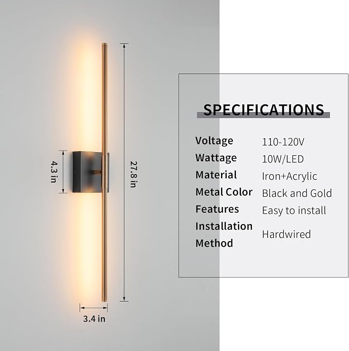 KUZZULL Modern Light Fixture Set of Two 27.8x4.3x3.4in Black and Brass Gold Sconces 1200Lm LED Wall Lights for Bathroom, Living Room, Corridor