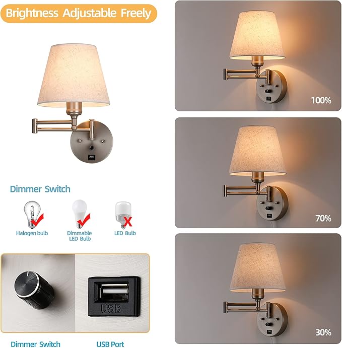 Swing Arm Wall Lamp Wall Mount Lamp with Cord Plug in Wall Sconce Lighting with Dimmable On Off Switch Wall Light with USB Port Plug in Wall Lamp for Bedroom Reading Satin Nickel Finish