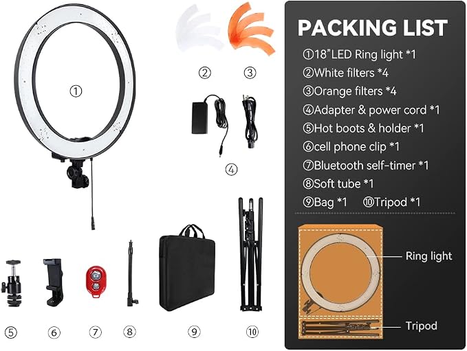 18-Inch Ring Light, 55W Dimmable 5500K Light with 240 LEDs Color Filter, Soft Tube and Carrying Bag for YouTube, TikTok, Selfies and Photography, Compatible with Camera and Smartphones