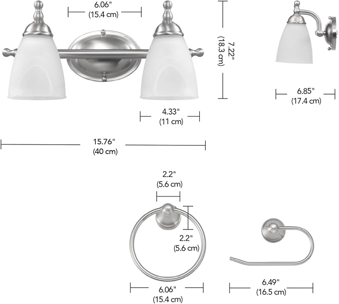Globe Electric 63000104 3-Piece Bath Accessories, Satin Nickel Finish, 15" 2-Light Vanity Light, Alabaster Glass Shades, Toilet Paper Holder, Towel Ring, Bathroom Décor, Home Essentials