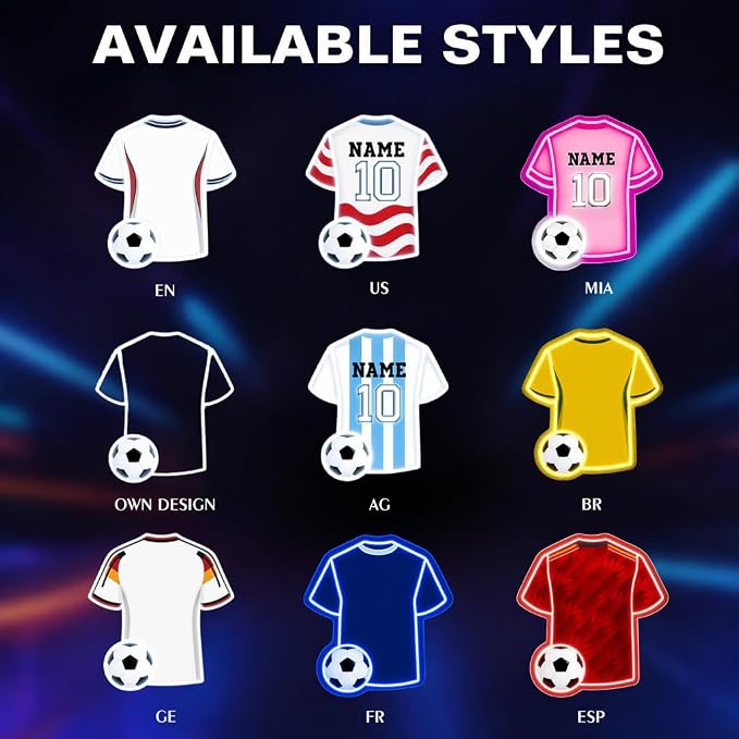 Custom Soccer Jersey Neon Sign, Personalized Name Number world cup Football Jersey Neon Light with Soccer Ball, Customizable USB LED Wall Decor for Boys Bedroom, Game Room, Man Cave, Sports Bar, Fan Club, Party,Soccer Gifts