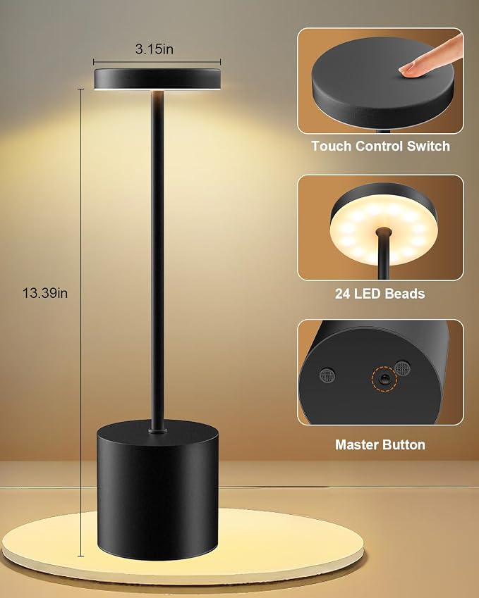 Swinerton Black Cordless Table Lamp, Rechargeable 5000mAh Battery Powered Wireless Table Light, 3 Color Dimmable Lighting, Patio Outdoor Table Lamp, Bedside Night Lamp, Ambient Light for Dining
