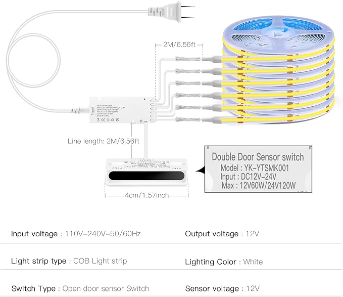AIMENGTE 12V COB LED Cabinet Lights Strip with Dual-Door Sensor, 6 x 3.3ft Cuttable Under Cabinets Lighting for in-Cabinet, Locker, Closet, Showcase, Gun Safe (Cool White)