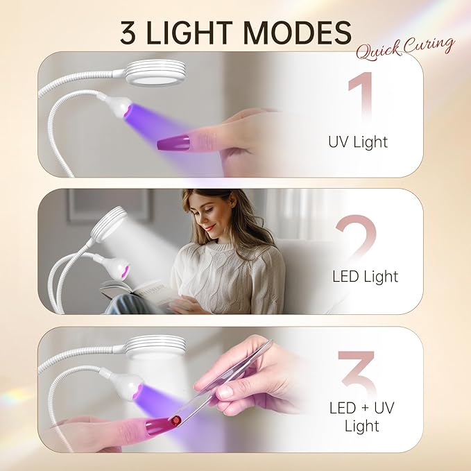 AORAEM LED Nail Lamp Double-Headed UV LED Light Quicky-Dry Duck Neck UV Lamp Dryer Curing Light with Portable Gooseneck and Clamp Flash Cure U V Light for Gel Nails Professional Home DIY Salon White