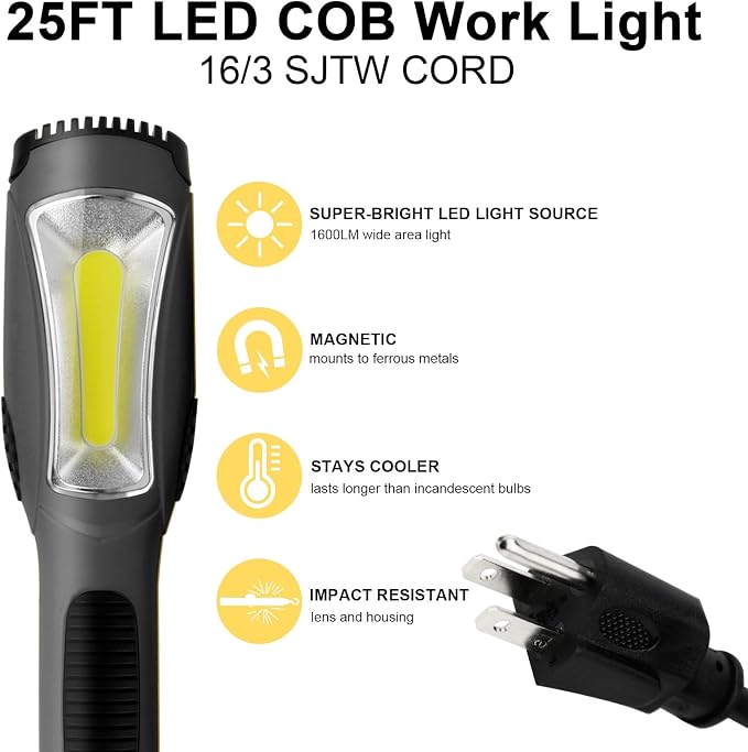 LED Work Light (25FT), 1600LM COB LED Trouble Light with Cord 16 Gauge SJTW, Swivel Hook, Strong Magnet, ETL Listed, Suitable for Mechanic Garage, Workshop, Car Repair (Gray)