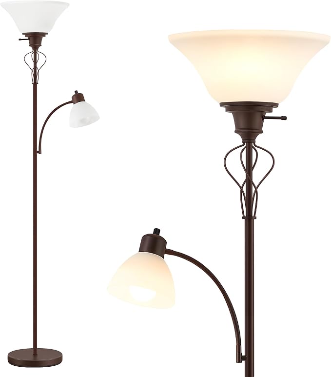 Floor Lamps for Living Room, 70" Tall Torchiere Floor Lamps, Plastic Shade | Tall Lamp with Adjustable Gooseneck Reading Light, Modern Corner Standing Lamp for Bedroom, Office, Separate On/Off Switch