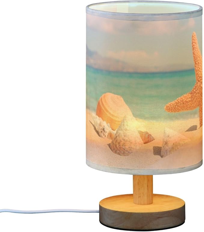 Table Lamp Ocean Beach Starfish Seashell Stone Blue Sky Nightstand Lamp with Wood Base Fabric Lamp Shade Bedside Desk Lamp for Living Room Bedroom Kids Room Office