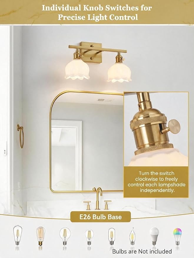 3-Light Vintage Bathroom Vanity Light, 19.4" Brass Hardwired Wall Sconce with Amber Tulip Glass Shades, Brushed Gold Vanity Light for Mirror, Restroom, Bedroom (White, 2-Light)
