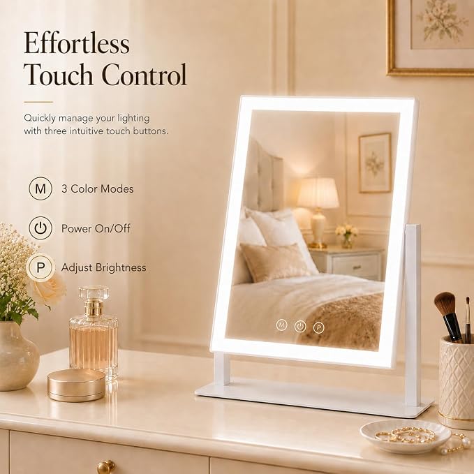 ROLOVE 16"x13" Vanity Mirror with Lights, Three Colors Lighting Mode, 360°Rotation, Lighted Makeup Mirror wih Stand for Desk, Bedroom, Dorm, Gifts for Women