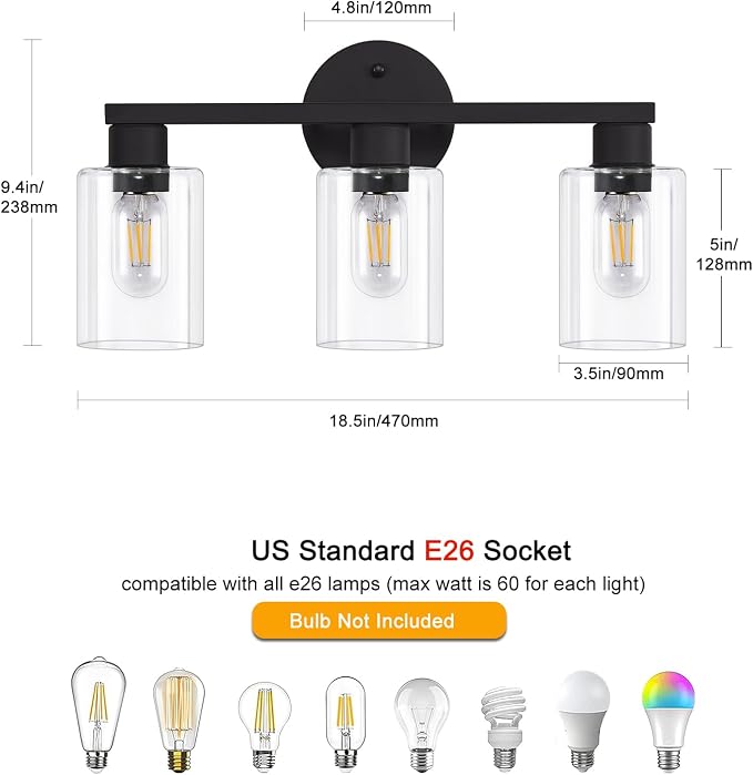 Black Bathroom Light Fixtures 3-Light Bathroom Vanity Light | Clear glass shade, Anti-rust, Easy install, E26 scoket, Vanity Lighting Fixtures, Over mirror, Makeup, 18.6in Vanity lights