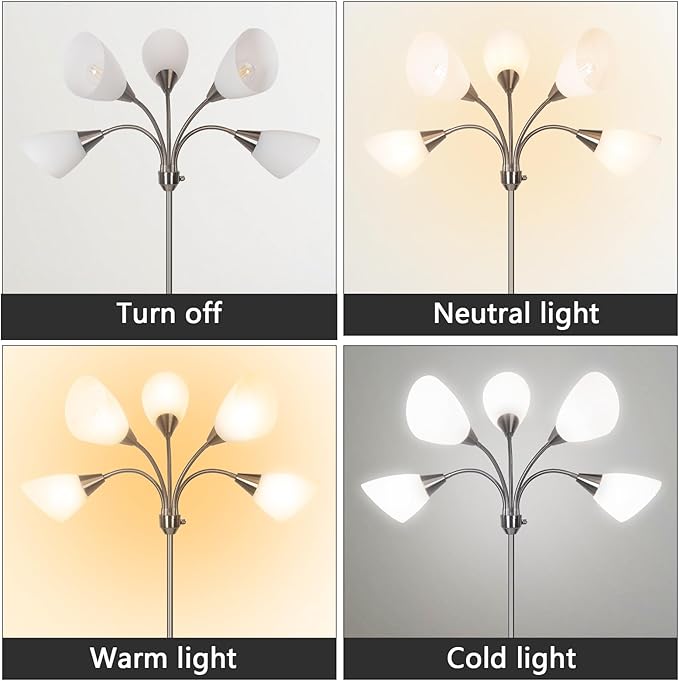 HonoDing Medusa Floor Lamps Standing Lamps 5 Heads Adjustable Reading Light Large Shade Use E26 A19 Bulb for Living Room Bedroom Satin Nickel