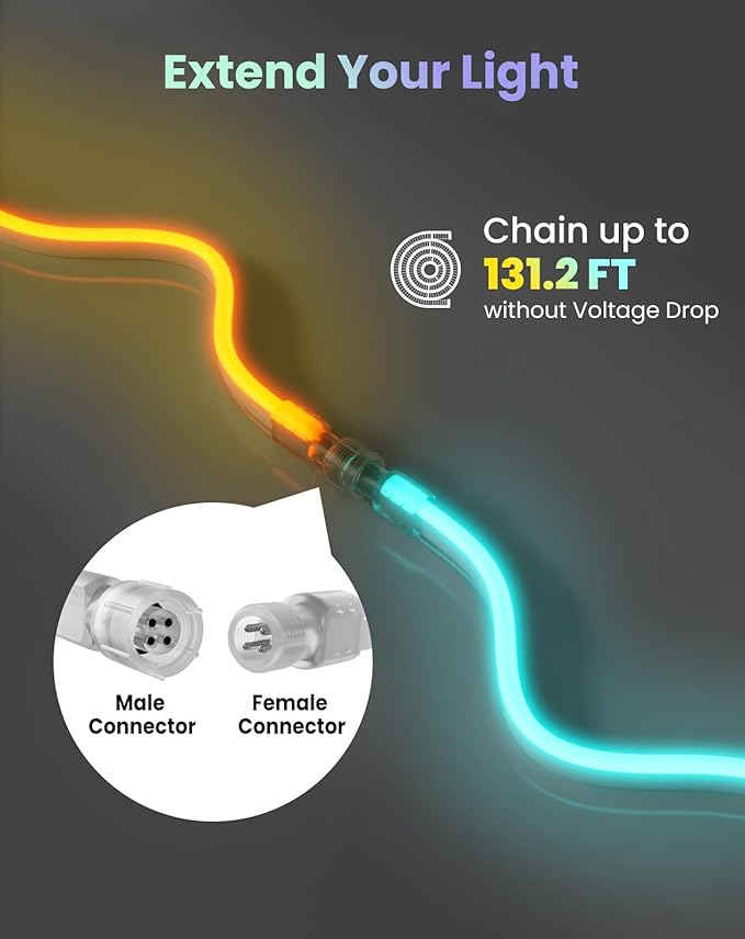 Smart LED RGB Neon Rope Lights AC 120V, ETL Expandable Color Changing Dimmable with Remote Compatible with Alexa, Google Assistant, Cold-Resistant & IP65 Waterproof, 8x16 mm, 131.2FT