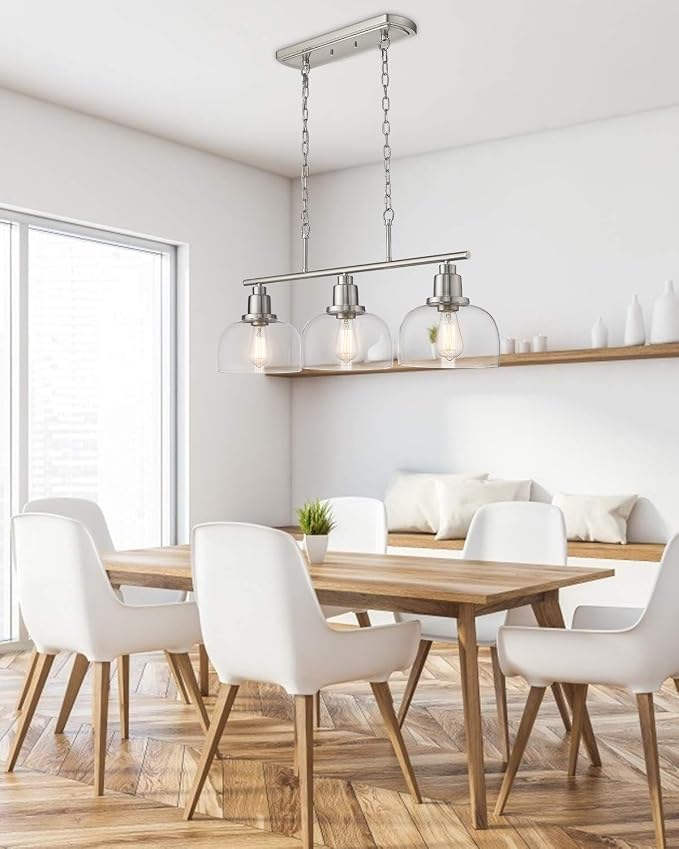 EAPUDUN 3-Light Kitchen Island Light, Farmhouse Pendant Lighting for Dining Room Pool Table Ceiling Light, Brushed Nickel Finish with Clear Glass, PDA1125-BNK
