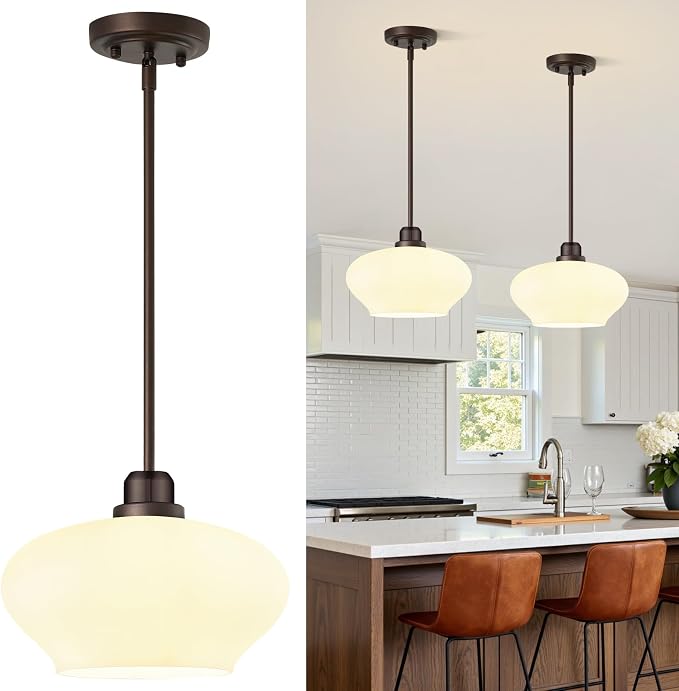 Modern Pendant Lights Kitchen Island, Oil Rubbed Bronze Pendant Light Fixtures with 11" Milk Glass Shade, Industrial Hanging Pendant Lights Fixture for Kitchen Island Dining Room Bedroom Hallway Foyer