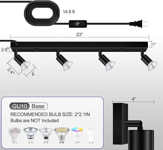 AUQUEE Plug in Track Light, 23", Black, 4 Way GU10 Wall Spotlight | Track Ceiling Lighting Fixtures, Rotatable Track Head, LED Wall Light for Kitchen Cabinet Gallery Bar Hallway Living Room