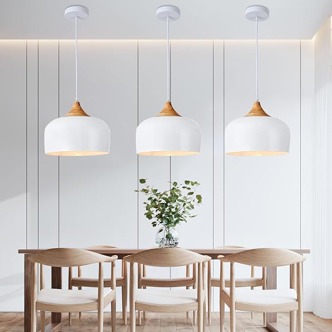 Modern Solid Wood Pendant Light,Ceiling Hanging Lamp with Dome Metal Shade,Adjustable Light Fixture for Kitchen Island,Dining Room- White