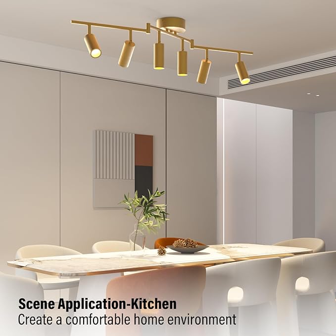 6 Light Heads Gold Track Lighting Kit, 36W CCT 2700K-6000K & Brightness Dimming, Modern LED Ceiling Light Fixture with Flexible Rotatable Heads, APP/Remote/Alexa Control, Gold Kitchen Light Fixture