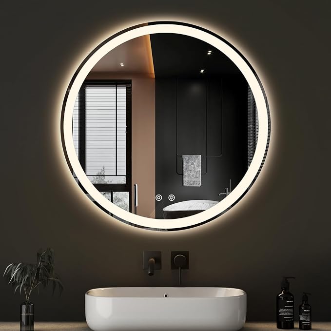 Sweetcrispy 30 Inch Round LED Mirror for Bathroom with Lights, Circle Vanity Mirror with Anti-Fog, Dimmable, 3-Color Light, Memory Function, Tempered Glass