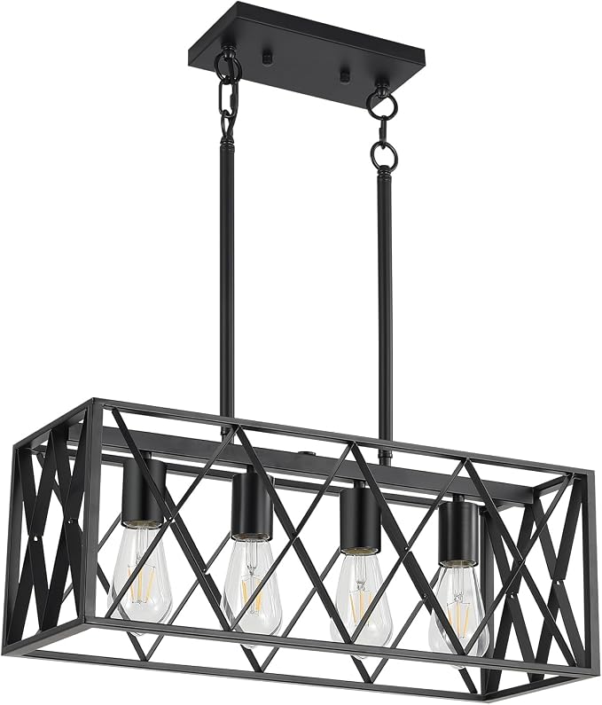 KEESFU Black Farmhouse Kitchen Island Lighting, 4 Lights Pendant Lighting Fixtures, Adjustable Height, Industrial Dining Room Light for Living Room Foyer Dining Table Over Sink.