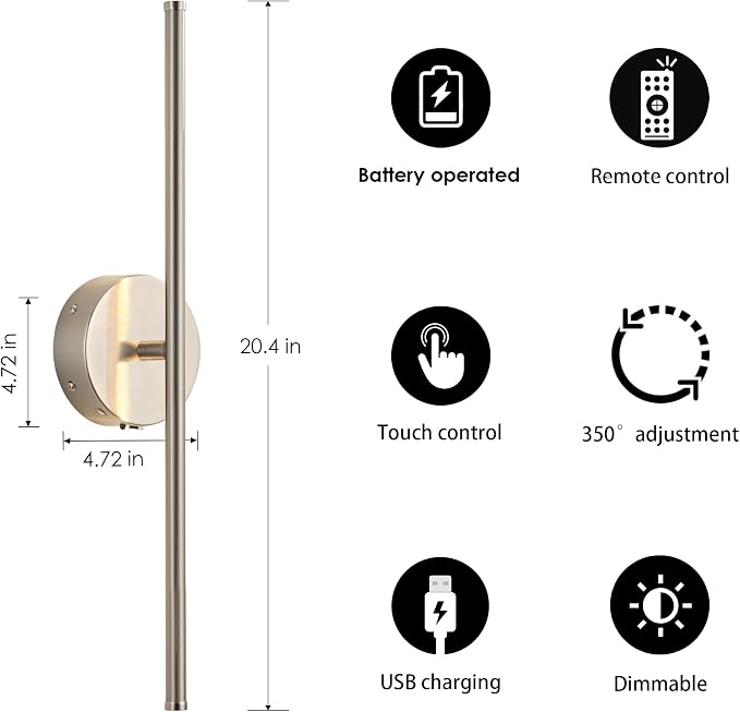 KARTOOSH Battery Operated Wall Sconces Set of Two Wireless Wall Lights | Rechargeable Wall Sconce with Remote 350°Rotate Dimmable 3000K LED Wall Lamp for Living Room, Bedroom