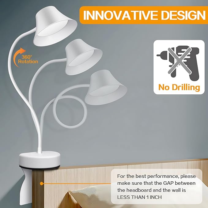 Headboard Reading Light - No Drill Installation Book Light for Bed, 3-Color Temp & 5 Dimmable Levels, 95+ CRI Natural Light with Flexible Gooseneck, Wall-Safe Bedside Lamp for Night Reading