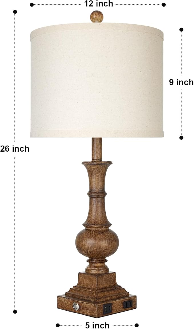 26" Tall Farmhouse Table Lamp,Bedside Lamps for Bedroom | Antique Brown,USB A/C Charging Ports & AC Outlet,3-Way Dimmable Touch Control,Vintage Rustic,Living Room,Nightstand,End table