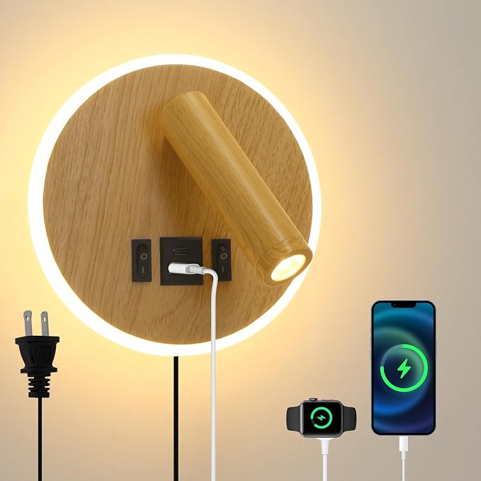 Reading Light for Bed with Plug in Wall Sconce&Hardwired Install | Wall Lamp for Bedroom with USB C+A Ports, Bedside Reading Lamp With 9W Night Light, Wood Color Reading Light Adjustable Angle