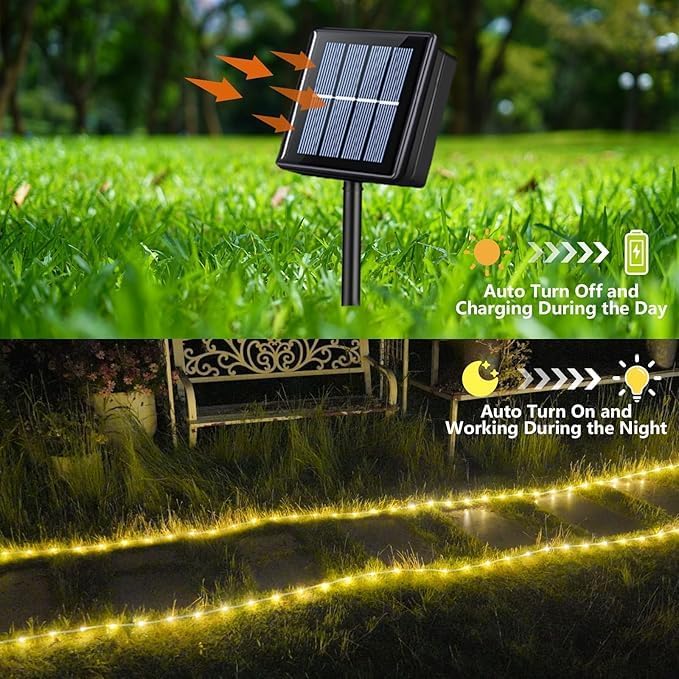 YEGUO Solar Rope Light Outdoor Waterproof, 66ft 200 LED Warm White String Lights, 8 Modes Tube Christmas Lights in Clear Thin Tube