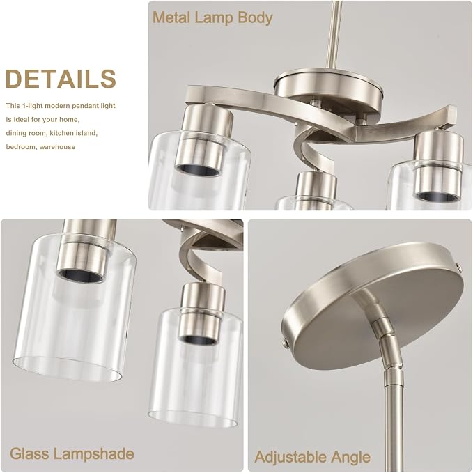 Modern Dining Room Chandelier, 3-Light Brushed Nickel Pendant Light | Industrial Pendant Light, Clear Glass Shade, Adjustable Height, E26, Dimmable