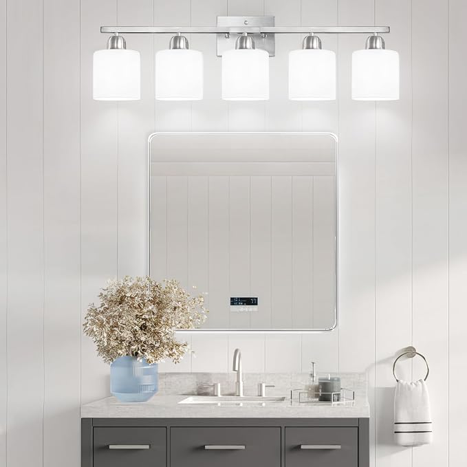 5 Light Bathroom Light Fixtures Brushed Nickel,Anti-Rust Finish Bathroom Vanity Light with Milky White Frosted Glass Shade for Mirror Bedroom Living Room E26 Base