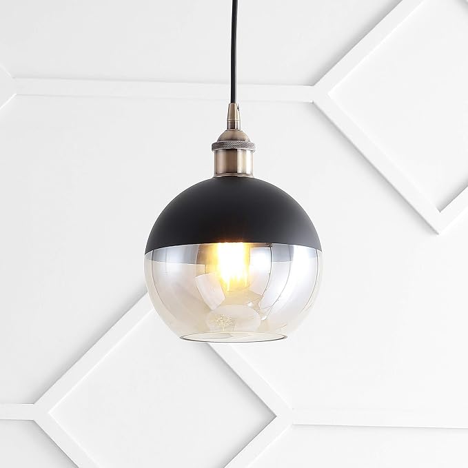 JONATHAN Y Nixon 1-Light 7.5" Globe Pendant, Brass Gold/Black | Mid-Century Modern, Adjustable, Champagne Smoked Glass Shade, LED Bulbs Included, Metal/Glass Kitchen Island Ceiling Fixture