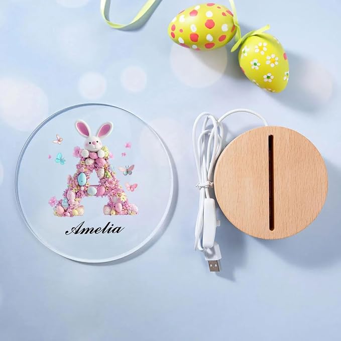 Personalized Pink Bunny Easter Egg 3D Initial LED Night Light with Name & Wooden, Base Room Decor, Birthday Party Easter Gift