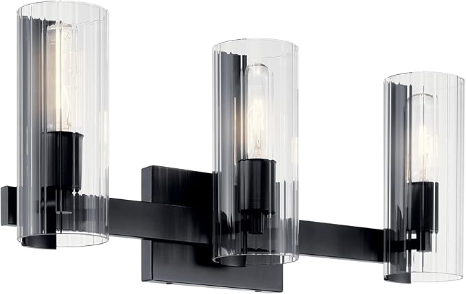 Kichler Jemsa 3 Light Vanity, Modern Light with Clear Fluted Glass in Black for Bathroom or Powder Room (9.75" x 22.75"), 55168BK