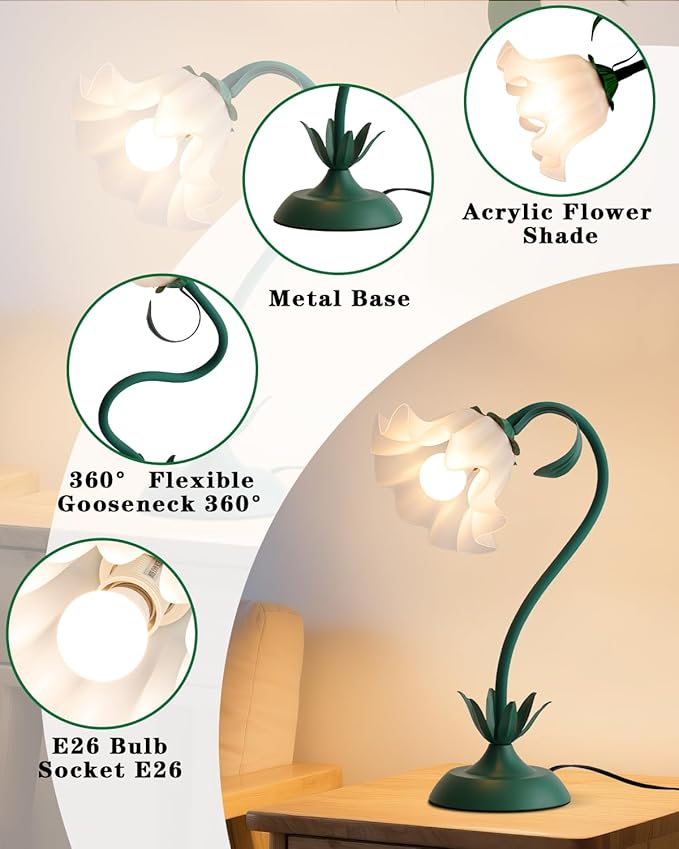 Flower Table Lamp, Cute LED Reading Bedside Night Light, 3 Color Modes Vintage Desk Lamp, Kawaii Aesthetic Decor for Dorm Bedroom Living Room (Dark Green)