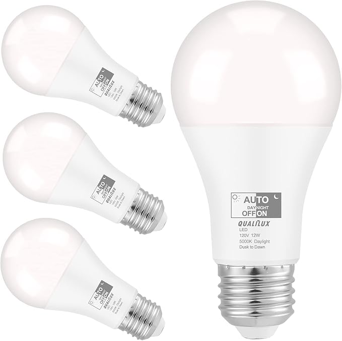 Dusk to Dawn Light Bulbs, Auto On/Off Light Sensing LED Bulbs Outdoor, Daylight, A19 4-Pack, 12W 1000LM 75W Equivalent, HQ-H024