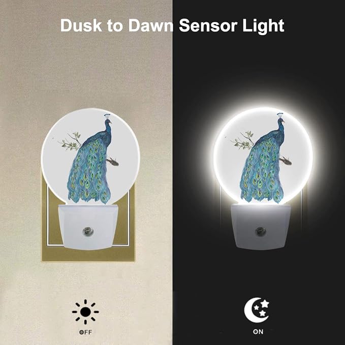 EKOBLA Peacock Night Light, Watercolor Peacock Feather Teal Night Lights Plug Into Wall with Auto Sensor, 0.5W Sleep Friendly