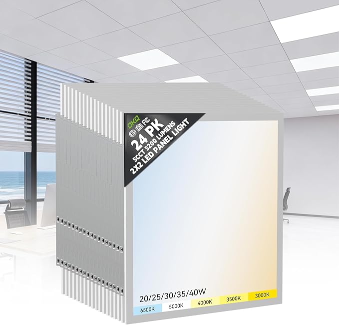 OKQ 2x2 LED Flat Panel Light Drop Ceiling Office Shop Commercial Warehouse Fixture, 5 CCT 3000K-6500K Adjustable & 5 Wattage Selectable,6000Lm 0-10V Dimmable, ETL Listed (24Pack)
