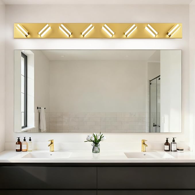 IZORRO LED Modern Bathroom Lights Fixtures(8-Light,Dimmable,360°Rotate),Brushed Glod Acrylic Wall Lighting,Vanity Lights for Bathroom Over Mirror - 6000k 48In （No Assembly Required）