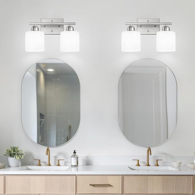 Brushed Nickel Bathroom Light, Anti-Rust Finish 2 Light Bathroom Vanity Light Brushed Nickel, Milky White Frosted Glass Shades, E26 Socket